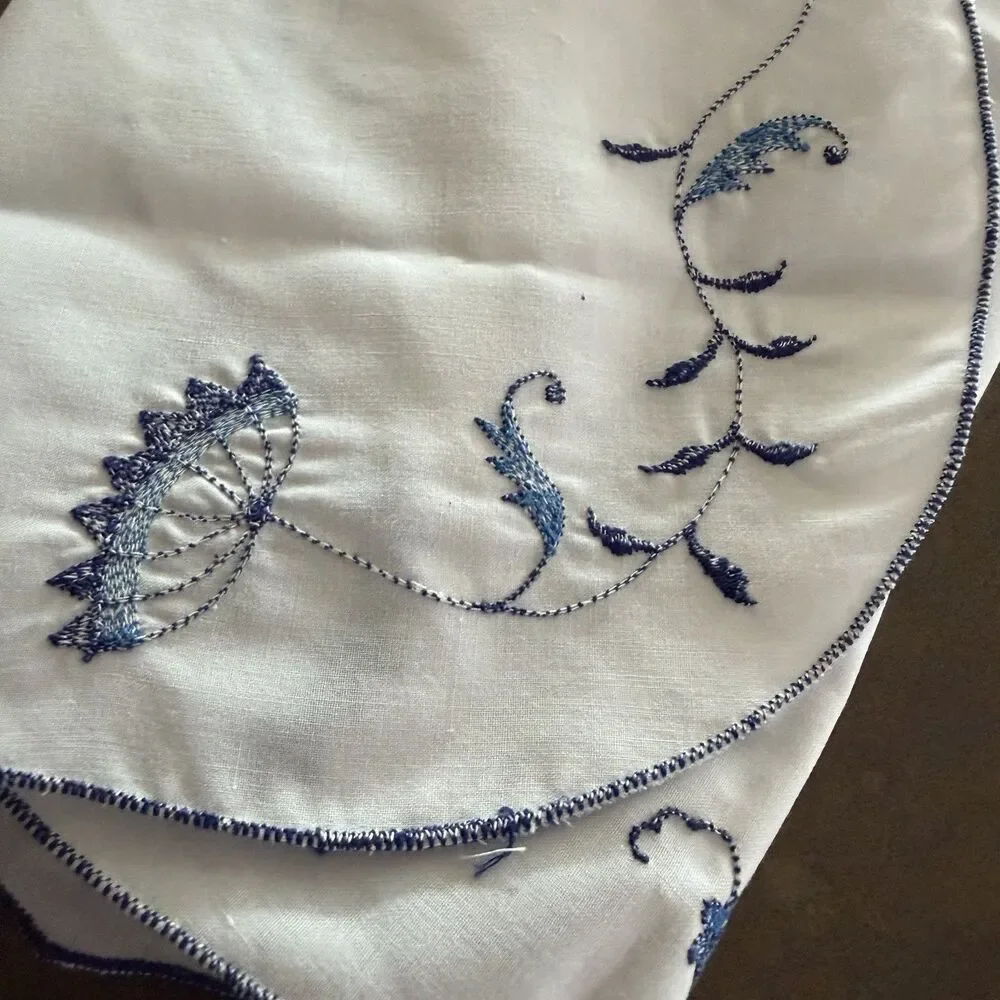 Three (3) Embroidered Placemats ~ Pure White w/Blue Floral “Vieux Luxembourg”